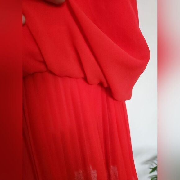 Red & Black 80s Vintage Joseph Ribkoft  Pleated Puff Sleeve Drop Waist Dress - Picture 7 of 7